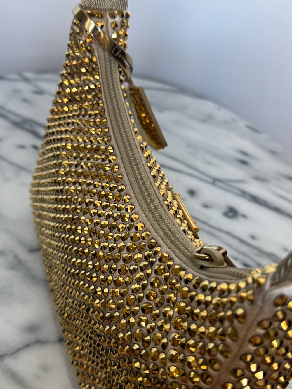 Prada Re-Edition 2000 Hobo Gold Crystal Embellished Satin Mini - Picture 9 of 13